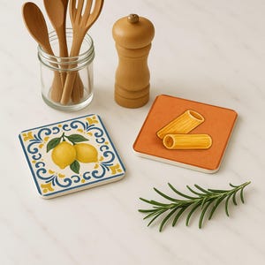 "Rustic cork coasters featuring rigatoni pasta on terracotta and an artichoke on cream background"