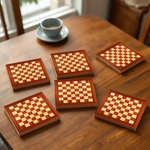 May include: Six square coasters with a chessboard design. Each coaster features a checkerboard pattern in light and dark wood tones, framed by a darker wood border. The coasters rest on a wooden table, suggesting a game or decor theme.
