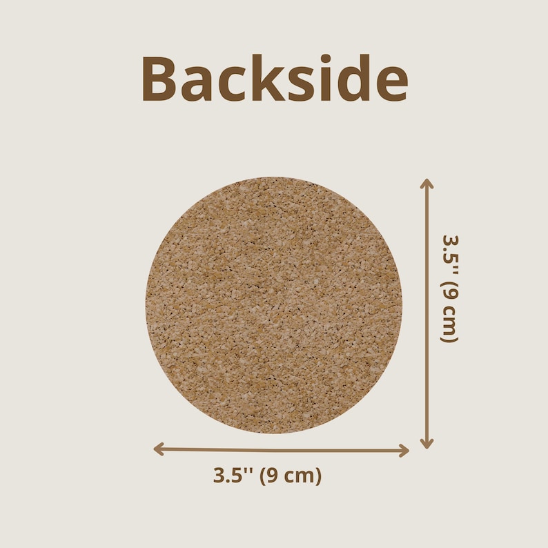 Backside of the round coaster showing the material of the cork back and the size of th diameter which is 3.5" (9 cm)