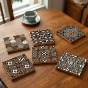 Peut inclure: Six sous-verres carrés avec un motif géométrique dans des tons de brun, gris et noir. Les sous-verres ont un dos en liège.
