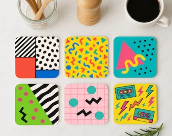 Memphis 80s Retro Coaster Set – Memphis Style Cork Drink Mats with Neon Shapes, Cassette Tapes & Grid Patterns – Colorful Gift Idea