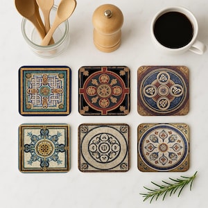 Puede incluir: Seis posavasos cuadrados con diseños geométricos intrincados y coloridos. Los posavasos presentan patrones en tonos de azul, dorado, rojo y marrón. Los posavasos están dispuestos sobre una superficie blanca, con una taza de café y otros artículos de cocina.