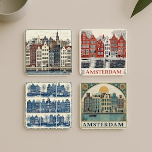 Ensemble de sous-bocks Amsterdam • Sous-bocks maison du canal hollandais • Vaisselle vintage Cityscape • Cadeau inspiré du voyage des Pays-Bas