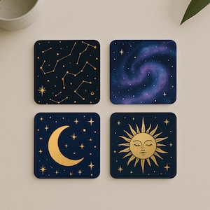 Celestial Coasters – Galaxy Cork Drink Coasters Set, Constellations, Sun and Moon Art, Cosmic Starry Night Decor, Spiritual Gift Idea