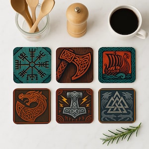 Viking Cork Coasters Set of 6 – Norse Mythology Symbols: Axe, Vegvisir, Longship, Mjölnir, Valknut – Nordic Pagan Gift Decor