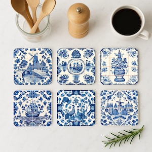 Blue Delft Coaster Set • Dutch Countryside & Folk Art Scenes • Vintage Ceramic-Style Coasters with Ships, Windmills and Peacocks