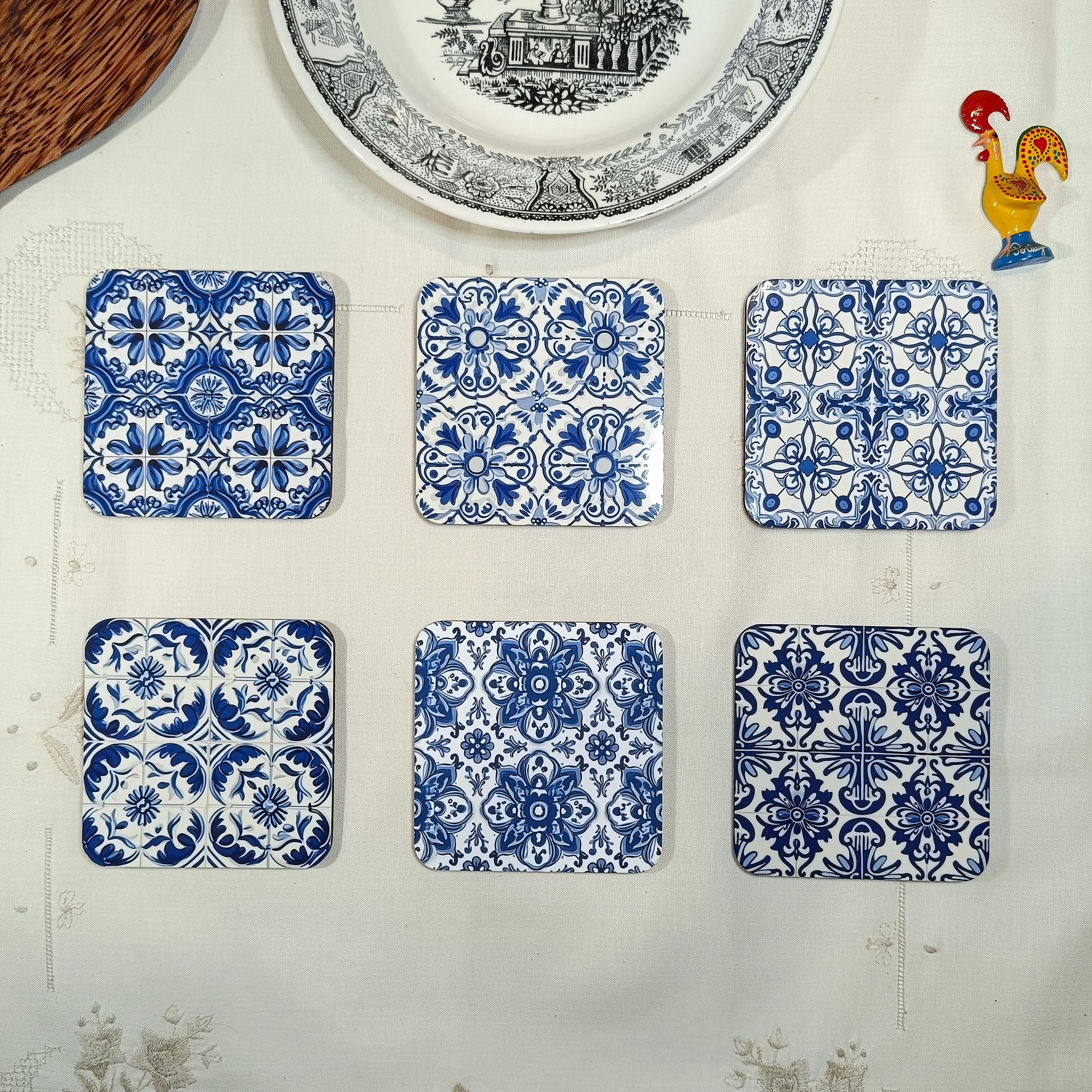Portuguese Tile Custom Cork Coasters | Personalized Blue and White Floral Tile Design Mediterranean Home Decor wedding Coasters