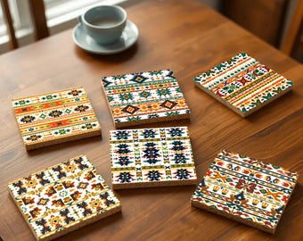 Juego de posavasos de inspiración mapuche: diseños indígenas chilenos tradicionales con base de corcho, perfectos para la decoración y los regalos culturales del hogar