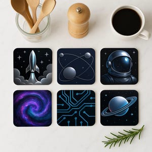 Ensemble de sous-bocks Space & Tech en liège – Décoration planète circuit astronaute fusée – Cadeau de science-fiction pour lui – Sous-bocks Galaxy Office