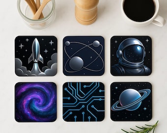 Set di sottobicchieri in sughero "Spazio e tecnologia" - Decorazione con circuito di astronauti e razzi - Regalo di fantascienza per lui - Sottobicchieri da ufficio Galaxy
