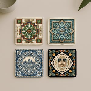 May include: Four square coasters with detailed patterns. One has a green and brown floral design with text. Another features a blue and white geometric pattern. The third has a blue and white castle illustration. The last has a black background with a floral design.