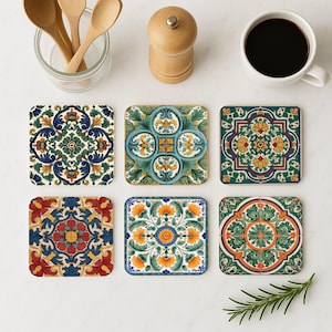 Catalan Coaster Set • Modernist Spanish Tile Drink Mats • Barcelona Ceramic Style Coasters • Mediterranean Gift or Wedding Favor