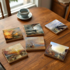 May include: Six square coasters featuring images of famous paintings by J.M.W. Turner. The coasters are made of cork and depict a variety of scenes, including ships at sea, a burning city, and a stormy sky.