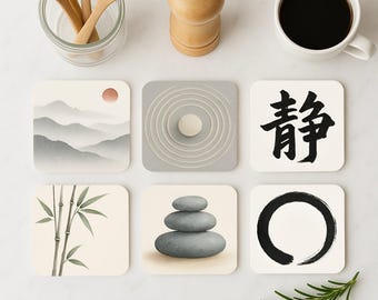 Zen Japanese Cork Coasters Set of 6 – Minimalist Mindfulness Decor – Enso Circle, Bamboo, Kanji, Stone Balance – Calm Gift Idea