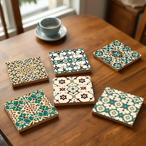 Ottoman Iznik Tile Coasters – Traditional Turkish Ceramic-Inspired Decor, Cork-Backed, Perfect Housewarming Gift