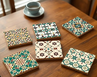 Osmanische Iznik-Fliesenuntersetzer - Traditionelles türkisches Keramik-inspiriertes Dekor, Kork-Rückseite, perfektes Einweihungsgeschenk