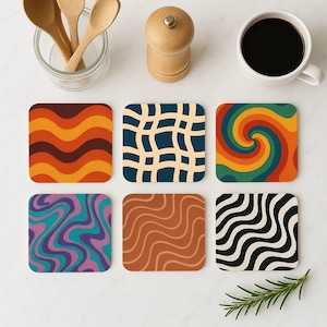 Retro Cork Coasters Set of 6 – Wavy Psychedelic Patterns in Bold Colors – Funky 70s Decor, Colorful Optical Art Gift Idea