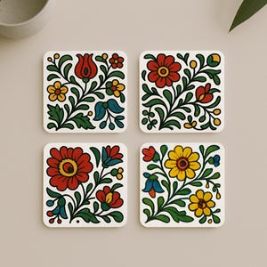 Porta-copos de arte popular húngara – Conjunto de porta-copos de cortiça floral, estilo bordado Matyó Kalocsa, ideia de presente de decoração tradicional colorida