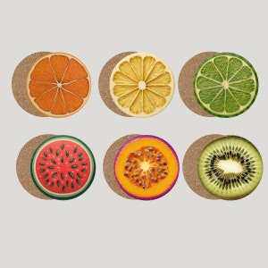 Fruit Coasters Cork Back Set of 6 Designs Tablemat Art Coasters Gifts Home Decor Gift Watermelon Orange Lemon Lime Passion Fruit Kiwi