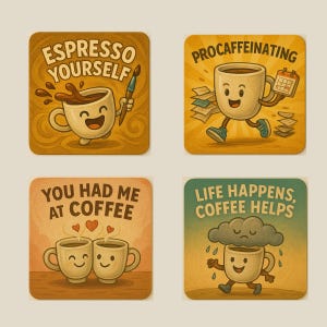 Puede incluir: Cuatro posavasos ilustrados con personajes de tazas de café y juegos de palabras sobre el café. El primer posavasos es amarillo con remolinos marrones y dice "Espresso Yourself". El segundo posavasos es amarillo con un personaje de taza de café sosteniendo un calendario y dice "Procaffeinating". El tercer posavasos es marrón con un corazón y dice "You Had Me At Coffee". El cuarto posavasos es verde con un personaje de taza de café sosteniendo un paraguas y dice "Life Happens, Coffee Helps".