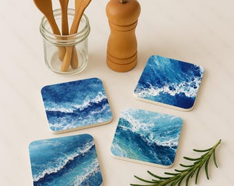 Ocean Wave Coaster Set • Coastal Water Art Drink Coasters • Sea Foam Blue Abstract Decor • Beach House Gift • Modern Nature Tile Set