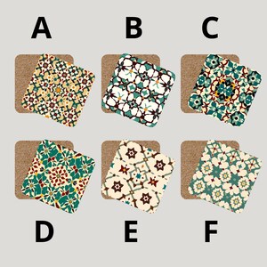 “A selection of Ottoman Iznik coaster designs labeled A through F, each featuring vibrant Turkish-inspired motifs.”