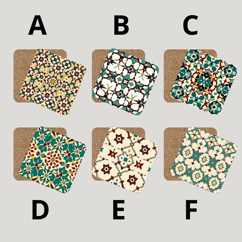 “A selection of Ottoman Iznik coaster designs labeled A through F, each featuring vibrant Turkish-inspired motifs.”