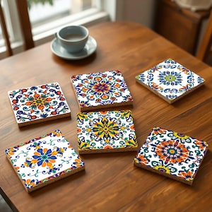 Mexican Talavera Coasters – Colorful Cork Drink Coasters Set, Folk Art Tile Patterns, Vibrant Fiesta Decor, Rustic Mexican Home Gift