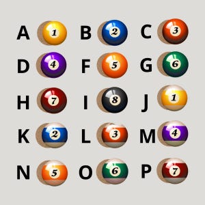 May include: A chart with the letters A through P, each letter paired with a billiard ball numbered 1 through 7, with the 8 ball, and a green ball with the number 6. The balls are arranged in a grid pattern.