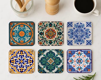 Dubrovnik Coaster Set • Croatian Ceramic style Tile Drink Mats • Mediterranean Pattern Coasters • Balkan Gift or Wedding Favor