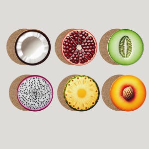May include: Six round cork coasters with different fruit slices printed on them. The coasters feature a pineapple, a peach, a dragon fruit, a coconut, a pomegranate, and a cantaloupe.