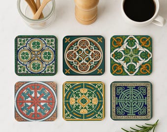 Dublin Coaster Set • Celtic Knot Tile Drink Mats • Irish Green Heritage Coasters • Gaelic Gift or Wedding Favor