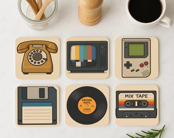 Retro Tech Cork Coasters Set of 6 – Vintage Phone, Mixtape, Vinyl, Gameboy, Floppy Disk, CRT TV – Geek Gift for Nostalgia Lovers