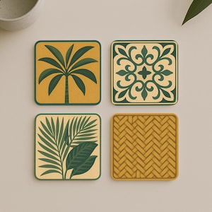 May include: Set of four square coasters with different designs. One coaster features a green palm tree on a yellow background. Another coaster has a green and white geometric pattern on a yellow background. The third coaster has a green palm frond on a yellow background. The final coaster has a yellow and white woven pattern.