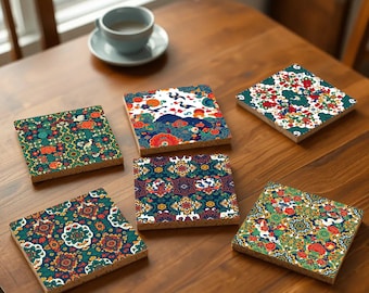 Korean Dancheong Coasters Set – Colorful Folk Art & Mythical Creatures Drink Coasters with Cork Backing, Perfect for Korean Decor and Gifts