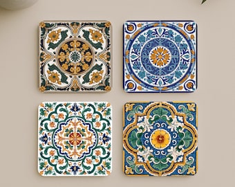 Juego de posavasos Alicante • Posavasos de azulejos mediterráneos azules y blancos • Regalo de vajilla costera española • Decoración rústica de mesa de la Costa Blanca
