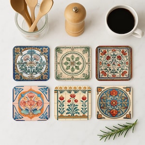 May include: Set of six colorful coasters featuring intricate floral and geometric designs. The coasters are made of a durable material and are perfect for protecting your furniture from spills and scratches.