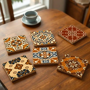 Op de afbeelding: Zes decoratieve keramische onderzetters met ingewikkelde geometrische patronen in tinten bruin, geel en blauw. De onderzetters zijn gerangschikt op een houten tafel.