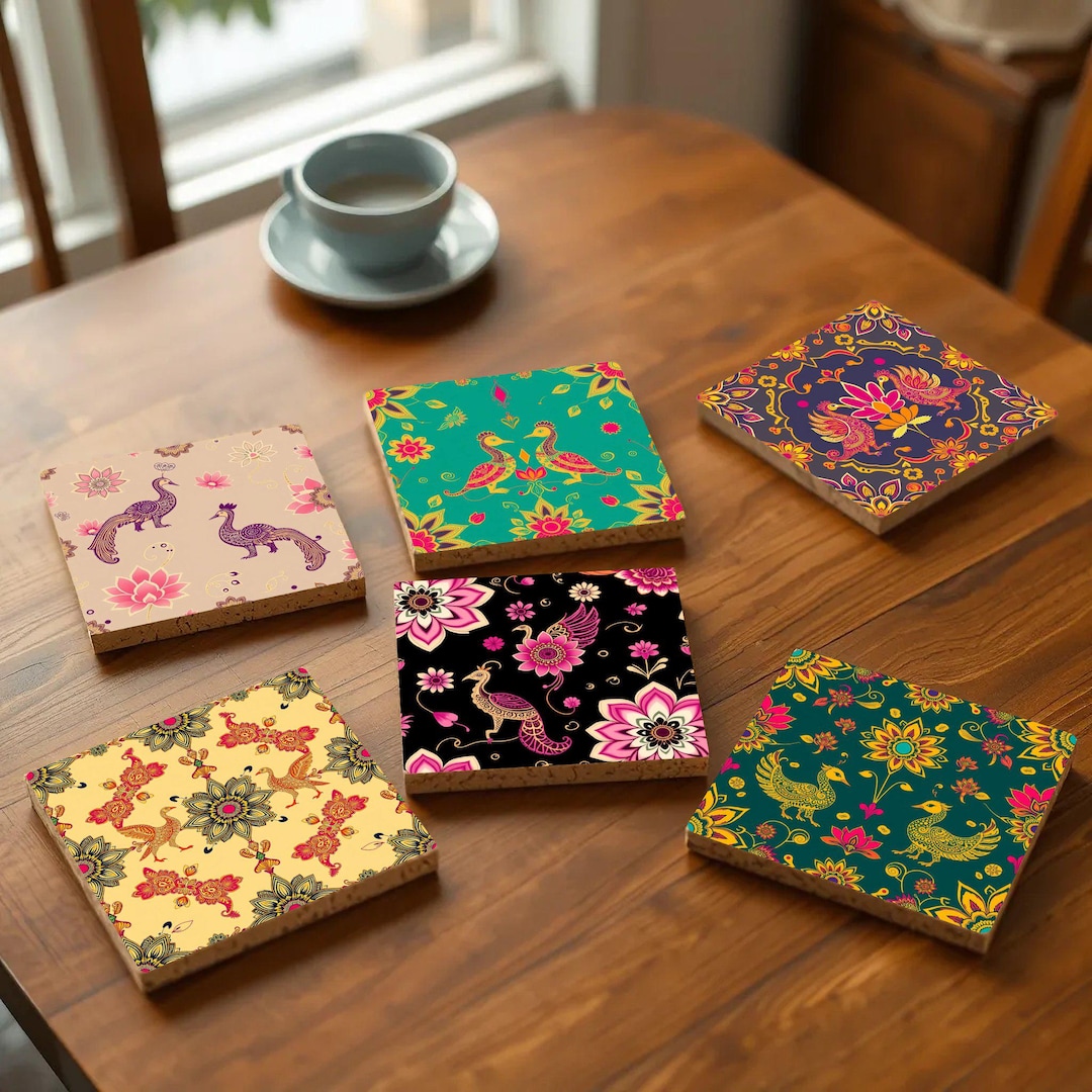Indian Peacock Coasters Set – Vibrant Floral & Paisley Drink Coasters ...