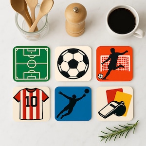 Set di sottobicchieri da calcio - Sottobicchieri da calcio con porta, palla, campo, maglia, fischietto, portiere - Regalo per gli appassionati di calcio, tappetini in sughero per bevande