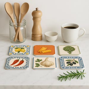 "Artisan-style cork coasters featuring Italian kitchen ingredients in a rustic Mediterranean design, perfect for food lovers and home cooks"