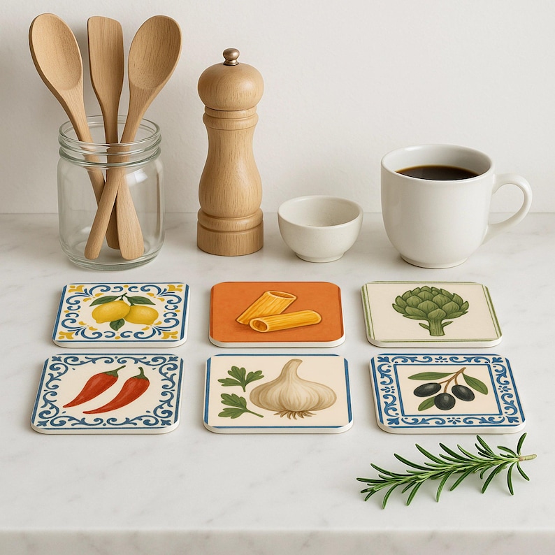 "Artisan-style cork coasters featuring Italian kitchen ingredients in a rustic Mediterranean design, perfect for food lovers and home cooks"