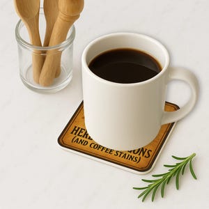 K&ouml;nnte beinhalten: Eine wei&szlig;e Kaffeetasse mit dunklem Kaffee steht auf einem Untersetzer mit dem Text "HERBS (AND COFFEE STAINS)". Holzl&ouml;ffel befinden sich in einem kleinen Glas. Ein Rosmarinzweig liegt neben dem Untersetzer.