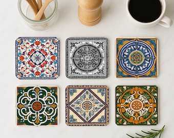 Marrakesh Souk Coaster Set – Moroccan Tile Drink Coasters, Handcrafted Cork, Bohemian Decor, Arabic Mosaic Design