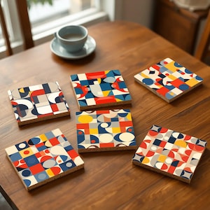 Modern Bauhaus Coasters – Abstract Geometric Square Set, Mid-Century Inspired Decor, Cork-Backed, Perfect Housewarming and Art Lovers Gift
