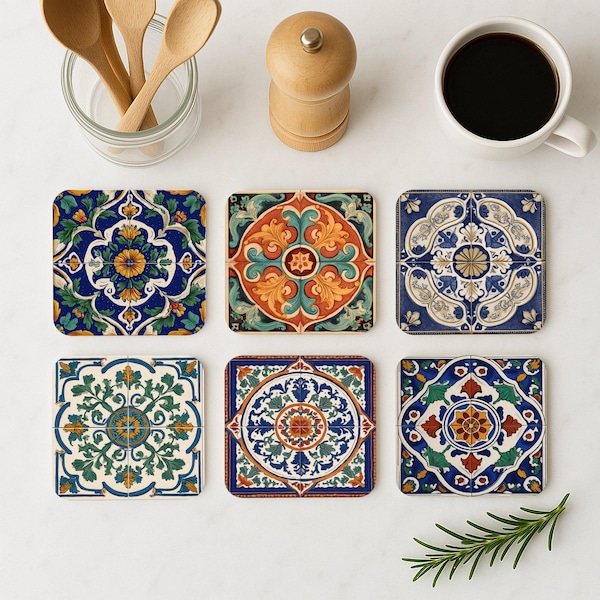 Granada Alhambra Coasters – Spanish Tile Pattern Set, Moorish Inspired Ceramic Decor, Luxury Drink Coasters, European Home Gift Idea