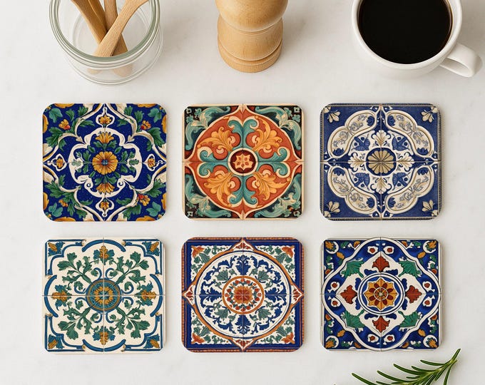 Granada Alhambra Coasters – Spanish Tile Pattern Set, Moorish Inspired Ceramic Decor, Luxury Drink Coasters, European Home Gift Idea