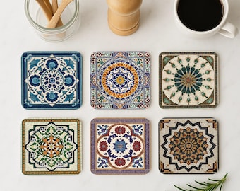 Andalucía Coaster Set • Spanish Moorish Tile Drink Mats • Alhambra Mosaic Coasters • Mediterranean Gift or Wedding Favor