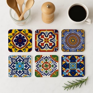 Mexican Talavera Tile Coasters Set – Vibrant Folk Art Drink Coasters with Cork Backing, Perfect for Fiesta Decor & Gifts