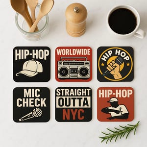 Hip-Hop Cork Coasters Set of 6 – Street Style Decor – Mic Check, Boombox, NYC Rap, DJ Gift – Urban Music Vibes